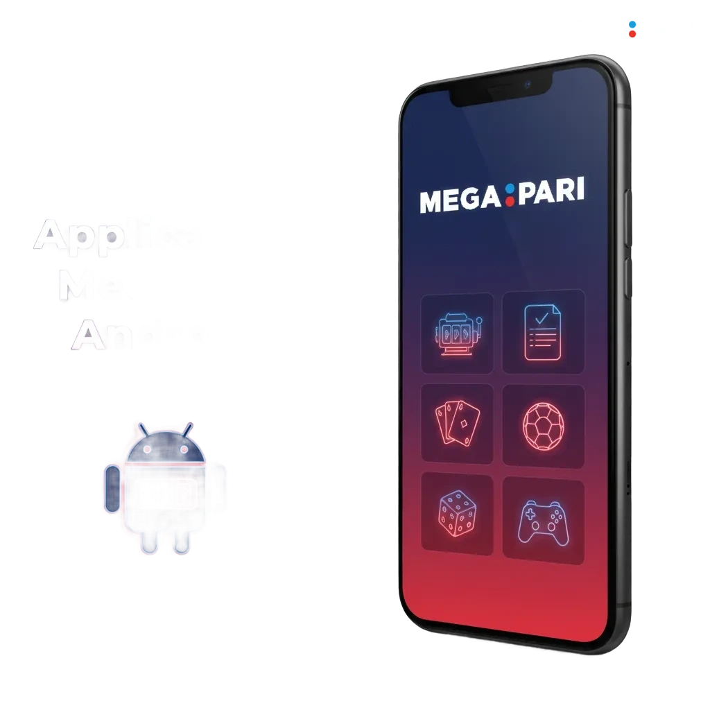 Smartphone affichant l'application MegaPari Android pour parier et jouer au casino, avec installation et accès complet.