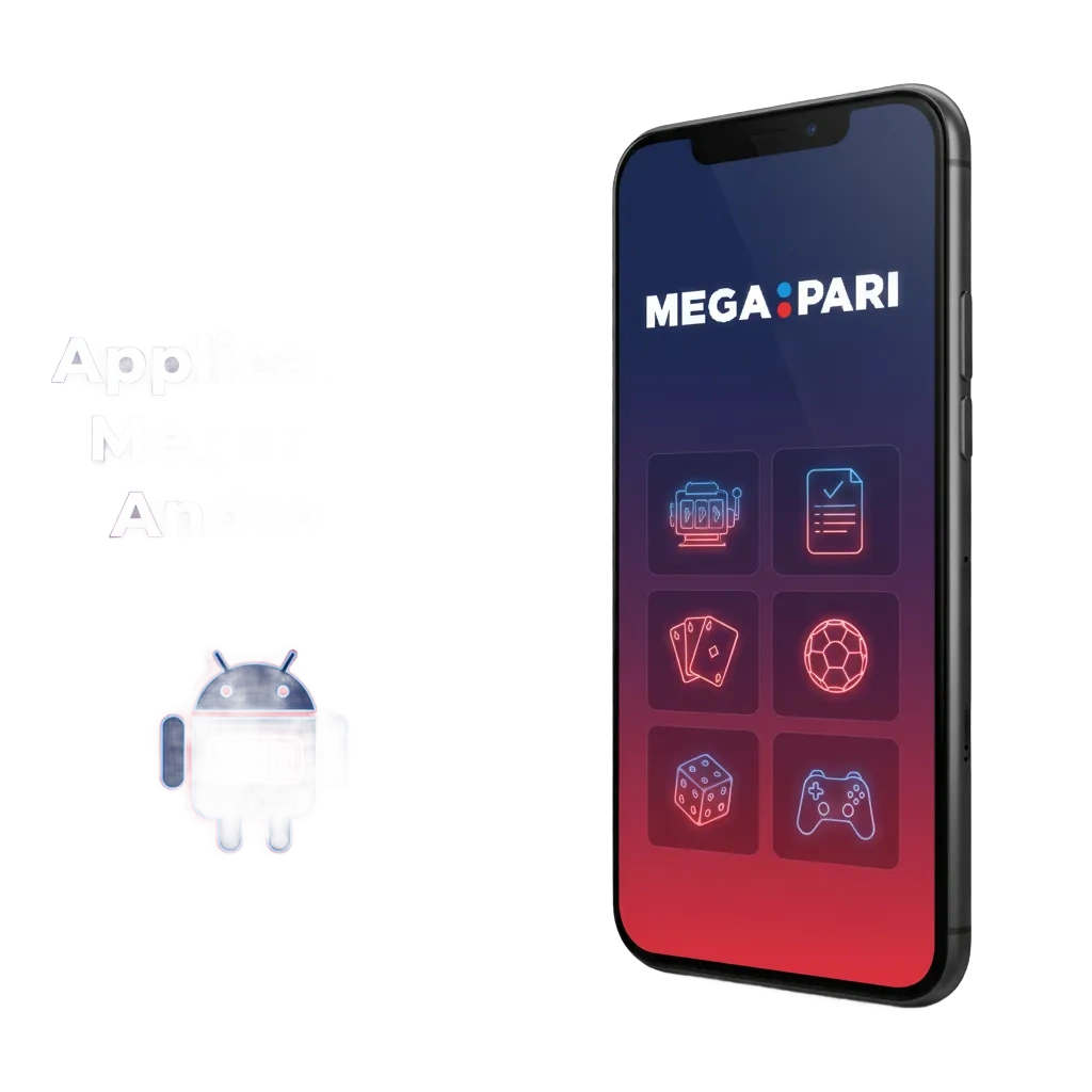 Smartphone affichant l'application MegaPari Android pour parier et jouer au casino, avec installation et accès complet.