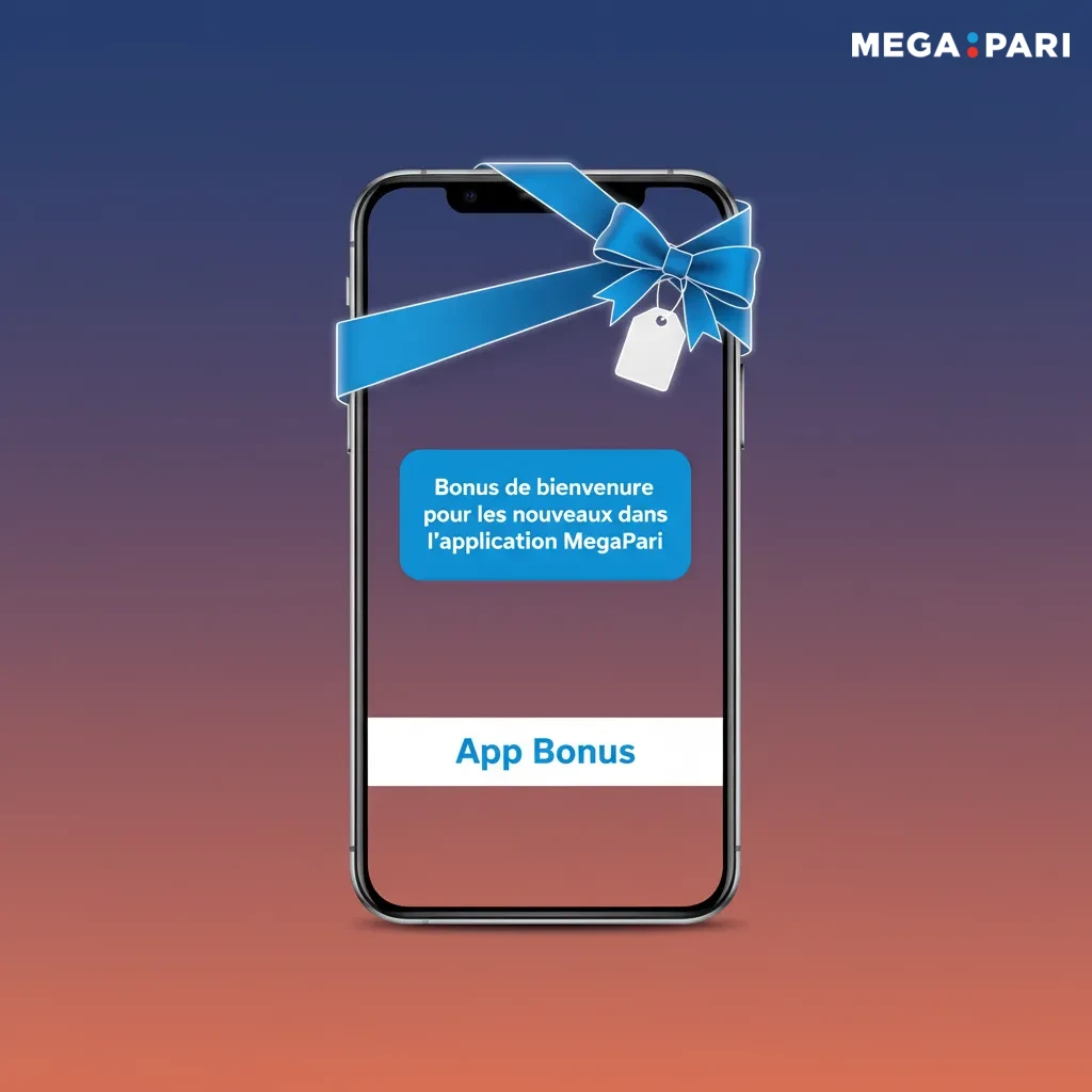 Écran de l’appli MegaPari: bonus de bienvenue. Sports 100% jusqu’à 100€ Casino 200% jusqu’à 14 000 MAD + 150 tours gratuits.