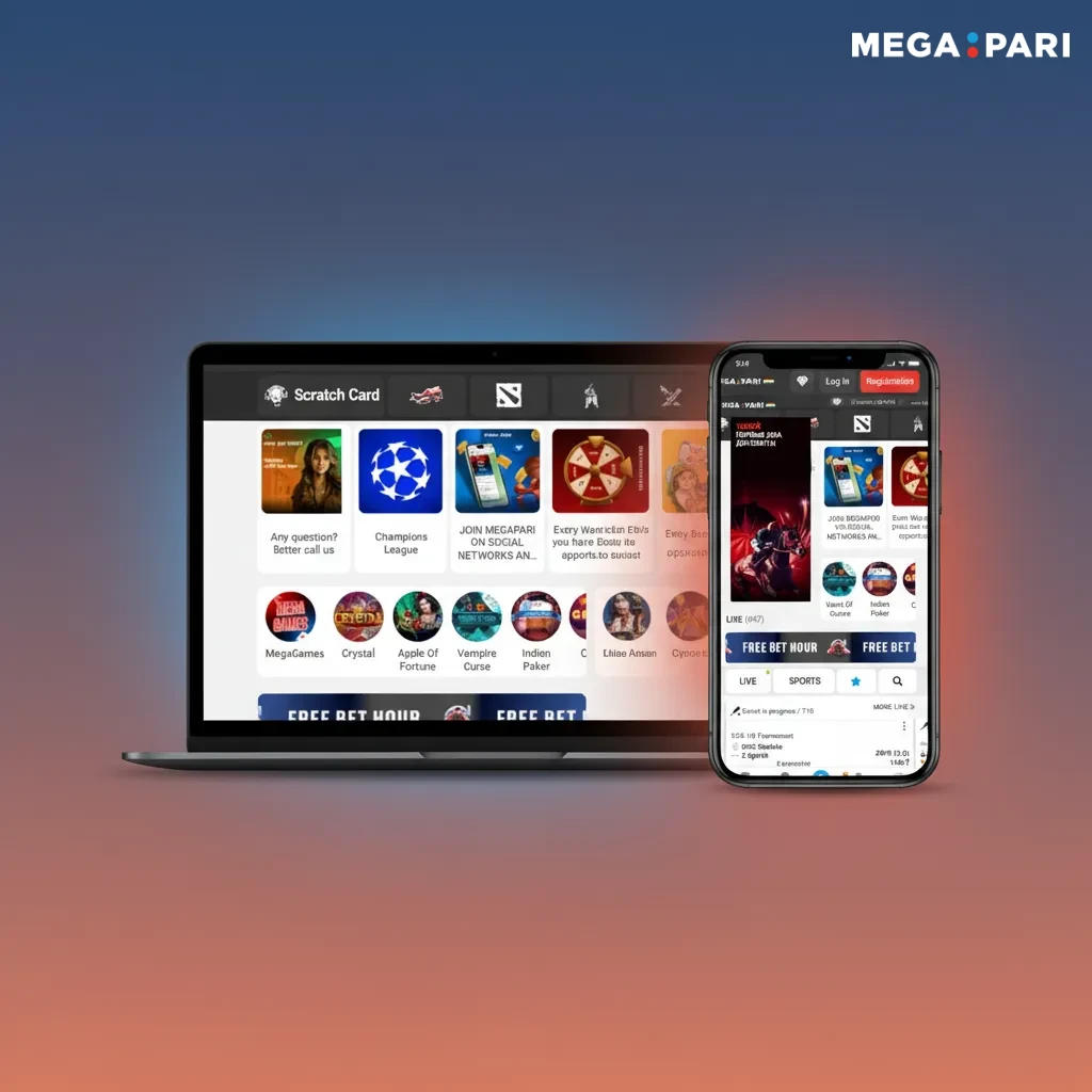 Interface MegaPari en fr‑CI, mobile-first; barre: Sports, Live, eSports, Casino, Live Casino, Promo, Résultats, App, Aide