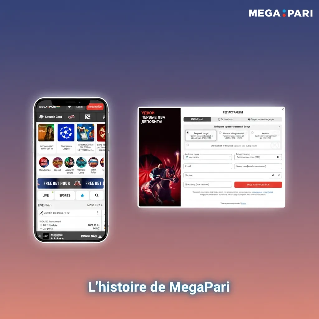 Frise chronologique de MegaPari: 2019, licence Curaçao, portée mondiale, bonus, cotes boostées, cashback, jeu responsable.