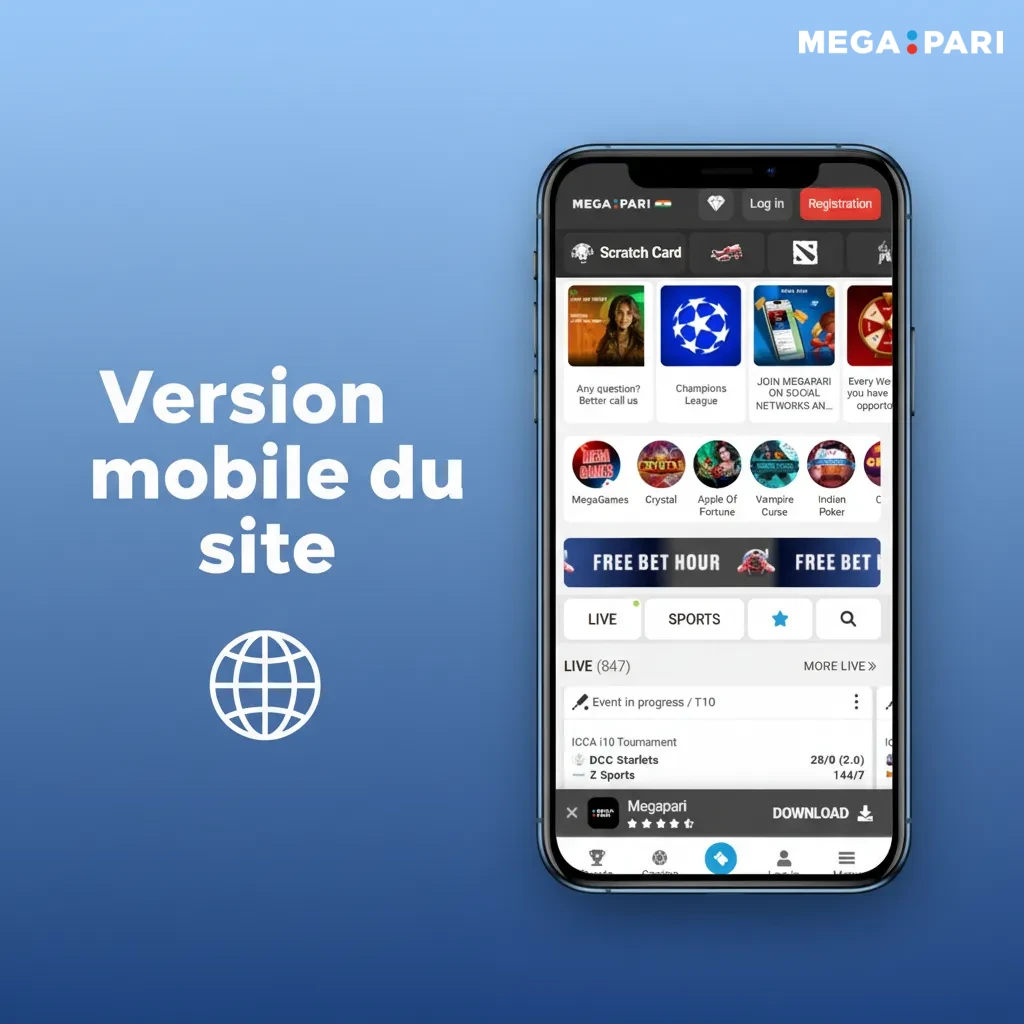 Aperçu de la version mobile du site sur smartphone: navigation rapide, cotes en direct, casino et paiements sécurisés.