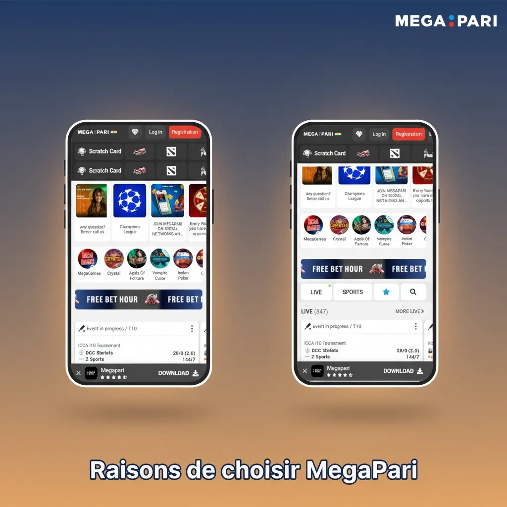 Infographie MegaPari: cotes élevées, marchés CAN/Ligue 1 ivoirienne/UEFA, XOF, paiements rapides, KYC, sécurité, promos.