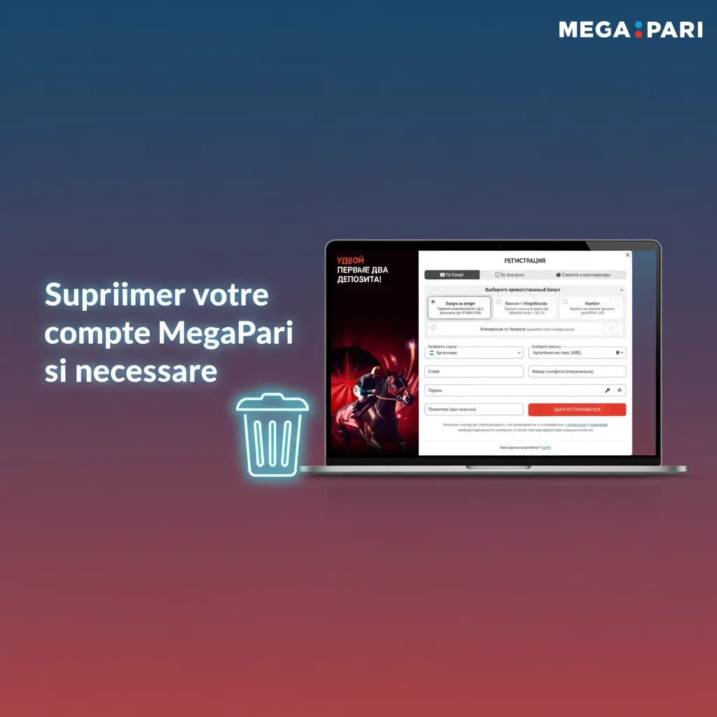 Illustration des étapes pour supprimer un compte MegaPari: retirer le solde, chat d’aide, confirmation e-mail, clôture.
