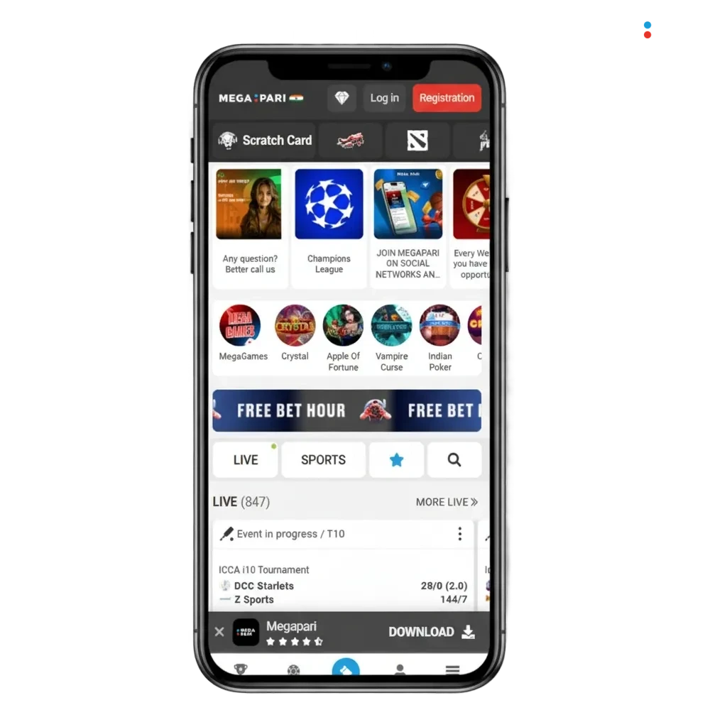 Écran de téléchargement MegaPari: Android APK et iOS, paiements Visa/MasterCard/crypto, paris, casino, démarrage rapide.
